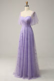 Lavender A Line Off Shoulder Long Prom Dress with Ruffles