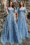 Grey Blue A Line V Neck Tulle Embroidered Leaves Prom Dress