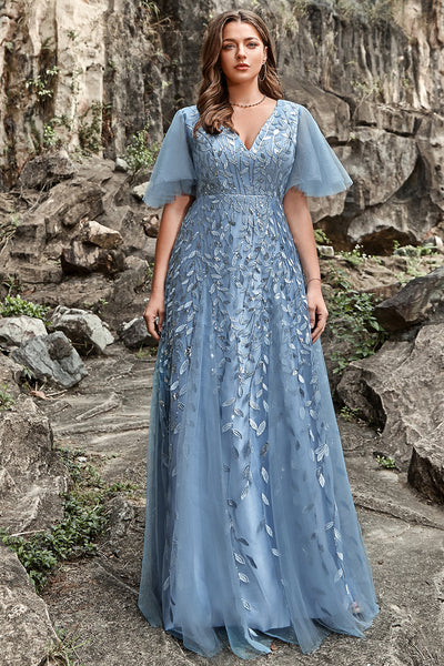 Wedtrend Women's Grey Blue A Line V Neck Tulle Embroidered Leaves Plus Size Bridesmaid Dress, Grey Blue / US6