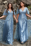 Grey Blue A Line V Neck Tulle Embroidered Leaves Long Plus Size Dress