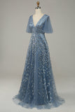 Grey Blue A Line V Neck Tulle Embroidered Leaves Prom Dress