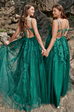 Dark Green A Line Spaghetti Straps Tulle Formal Dress with Slit