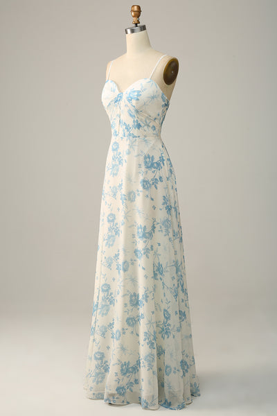 White Blue Flower A Line Spaghetti Straps Maxi Wedding Party Guest Dress