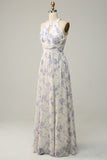 White Purple Flower Sheath Halter Backless Ruched Chiffon Bridesmaid Dress