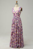 Pink Floral A Line V Neck Printed Long Bridesmaid Dress with Ruffles