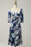 Ink Blue Mermaid Square Neck Satin Print Wedding Guest Dress With Half Sleeves