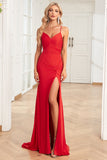 Red Mermaid Spaghetti Straps Long Prom Dress with Split Front