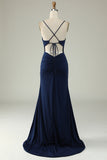 Navy Mermaid Spaghetti Straps Long Prom Dress with Split Front