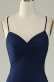 Navy Mermaid Spaghetti Straps Long Prom Dress with Split Front