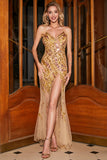 Stunning GoldeMermaid Spaghetti Straps Long Prom Dress with Split Front
