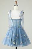 Cute Grey Blue A Line Spaghetti Straps Short Homecoming Dress with Appliques