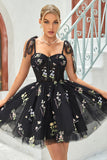 Black A Line Spaghetti Straps Short Homecoming Dress with Appliques