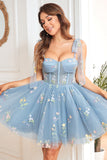 Grey Blue A Line Spaghetti Straps Short Homecoming Dress with Embroidery