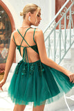 Dark Green A Line Spaghetti Straps Short Homecoming Dress with Appliques Beading