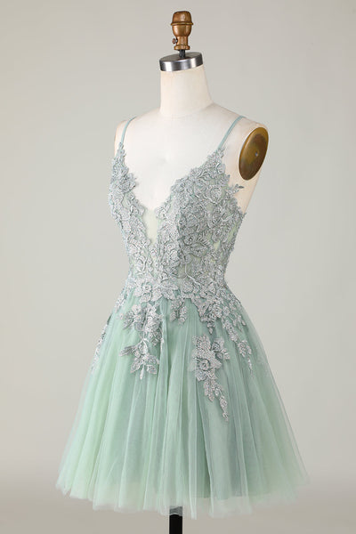 Chic Green Spaghetti Straps Layered A Line Short Graduation Homecoming Dress Cocktail Dress Y9224 main image 0