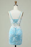 Light Blue Sheath Spaghetti Straps Short Homecoming Dress with Appliques