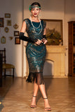Dark Green Beaded Fringed Flapper Holiday Party Dress
