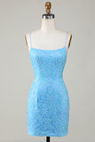 Sparkly Blue Spaghetti Straps Tight Short Homecoming Dress With Beading