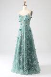 Grey Green A-Line Spaghetti Straps Lace Flower Long Corset Glitter Prom Dress