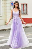 Gorgeous Lilac A Line Spaghetti Straps Tulle Long Prom Dress with Appliques