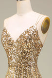Mermaid Sparkly Golden Spaghetti Straps Long Prom Dress with Slit