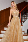 Golden Glitter A-Line Spaghetti Straps Corset Long Prom Dress With Sequins