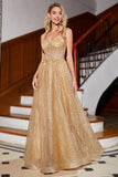 Golden Glitter A-Line Spaghetti Straps Corset Long Prom Dress With Sequins