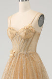 Glitter Golden A-Line Spaghetti Straps Corset Long Prom Dress with Flowers