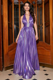 Purple A-Line Deep V Neck Pleated Metallic Glitter Long Prom Dress with Slit