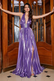 Purple A-Line Deep V Neck Pleated Metallic Glitter Long Prom Dress with Slit