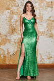 Green Sparkly Mermaid Spaghetti Straps Sequins Prom Dress with Split Front