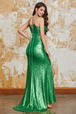 Green Sparkly Mermaid Spaghetti Straps Sequins Prom Dress with Split Front