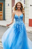 Gorgeous Blue A Line Spaghetti Straps Long Prom Dress with Appliques