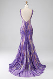 Dark Purple Mermaid V Neck Long Sparkly Prom Dress With Sequins