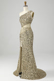 Golden Mermaid One Shoulder Fringe Sequin Prom Dress With Slit