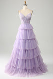 Lilac Princess Spaghetti Straps Tiered Corset Tulle Prom Dress with Appliques