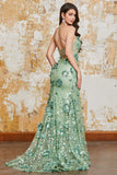 Green Mermaid Spaghetti Straps Corset Prom Dress with Appliques