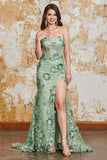 Green Mermaid Spaghetti Straps Corset Prom Dress with Appliques