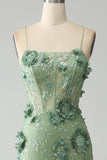 Green Mermaid Spaghetti Straps Corset Applique Long Prom Dress with Slit
