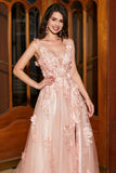 Blush A-Line Spaghetti Straps Long Appliqued Prom Dress with Slit