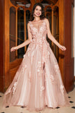 Blush A-Line Spaghetti Straps Long Appliqued Prom Dress with Slit