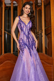 Stunning Purple Mermaid V Neck Sequins Long Prom Dress with Open Back