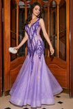 Stunning Purple Mermaid V Neck Sequins Long Prom Dress with Open Back