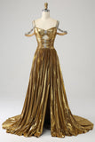 Stunning Gold A Line Off the Shoulder Keyhole Long Prom Dress with Slit