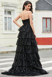 Stylish Black A Line Strapless Sequins Tiered Long Prom Dress with Ruffles