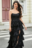 Stylish Black A Line Strapless Sequins Tiered Long Prom Dress with Ruffles
