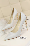 Silver Satin Stiletto Heel Closed Toe Pumps With Rhinestone shoes