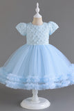 Pink Tulle Round Neck Puff Sleeves Flower Girl Dress