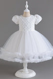 Pink Tulle Round Neck Puff Sleeves Flower Girl Dress