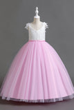 Pink Sleeves V Neck Tulle Long Flower Girl Dress